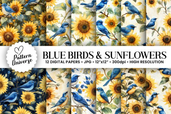 Blue Watercolor Birds and Sunflowers: A Versatile Pattern for Creative Projects