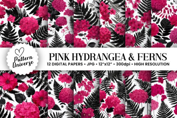 Pink Hydrangea Black Ferns Pattern: A Versatile Digital Design for Creative Projects