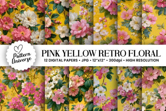 Pink Yellow Retro Flowers Digital Paper: A Versatile Creative Resource for Craft and Design Projects